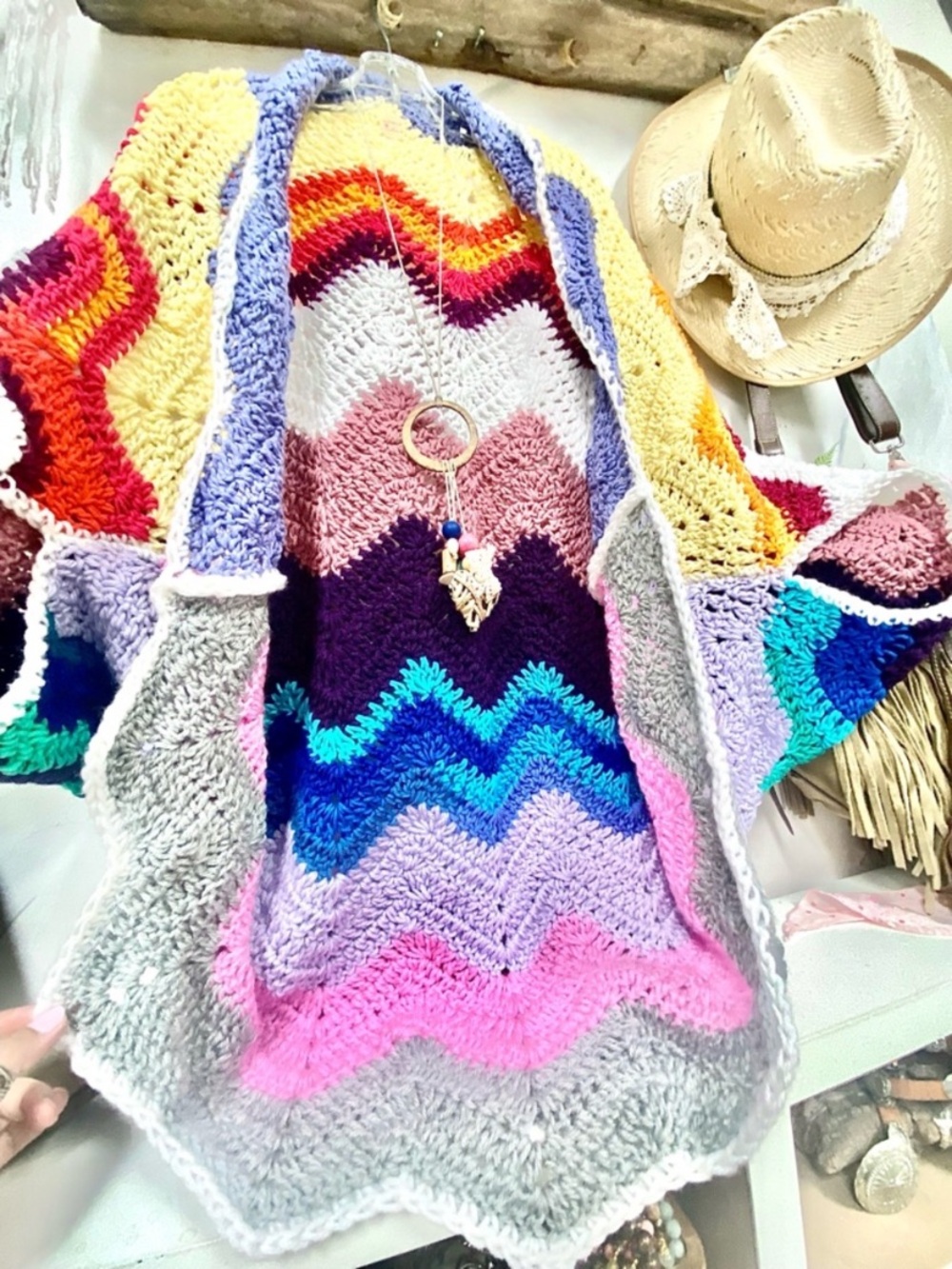 Artisan Chevron unicorn boho Cocoon shrug kimono cover up w cottagecore vibe - Picture 10 of 10